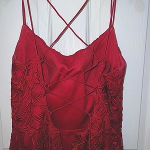 Red formal dress! Amazing floral details! Tag says XL, in store, size 8.